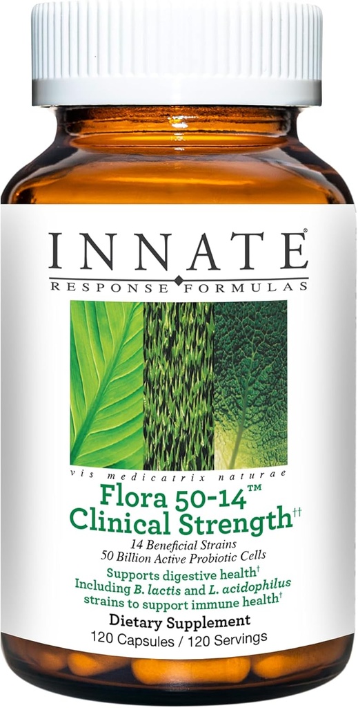 Innate Response Formulas Flora 50-14 Clinical Strength - Probiotic Supplement with 50 Billion CFU - 14 Probiotic Strains - Vegetarian and Non-GMO - Made Without 9 Food Allergens - 120 Capsules