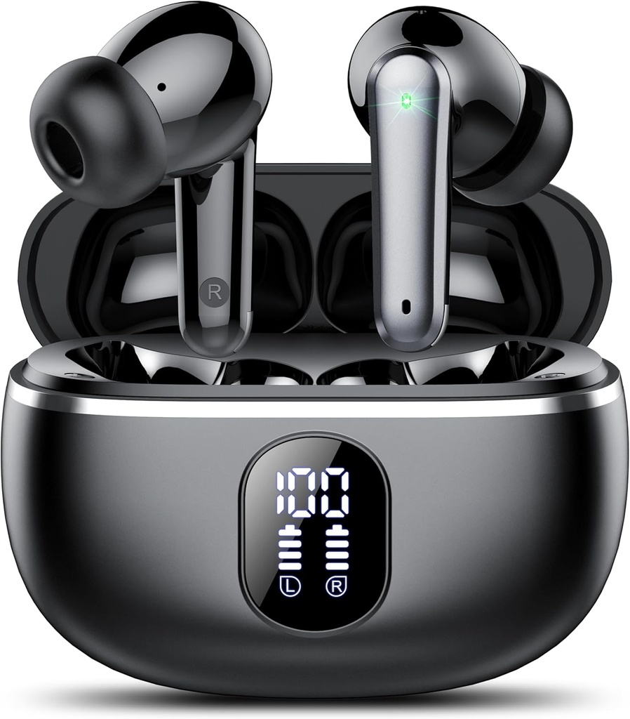 Wireless Earbuds, Bluetooth 5.3 Headphones Big Bass Stereo, Ear Buds with Noise Cancelling Mic LED Display, in Ear Earphones IP7 Waterproof, 50H Playtime for Sports, Black