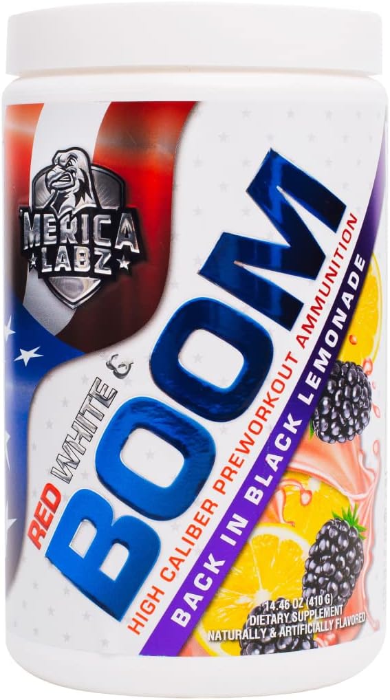 'Merica Labz Red, White, and Boom, High Caliber Pre Workout with VasoDrive-AP®, 350mg Caffeine, Max Energy, Pump and Focus, Increased Blood Flow and Muscle Volume, 20 Servings (Back in Black Lemonade)