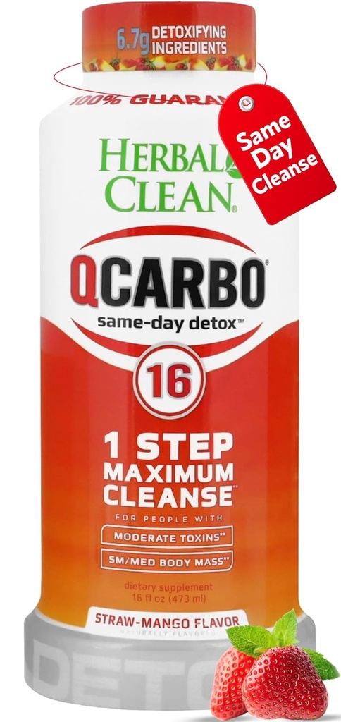 Herbal Limpio Qcarbo16 Bebida limpia de desintoxicación de un mismo día (16 fl oz) - Mango de fresa Limpiar el cuerpo completo* Bebida desintoxicación para nivel de toxina moderado*, vitamina B2 y vitamina B12 para hombres y mujeres