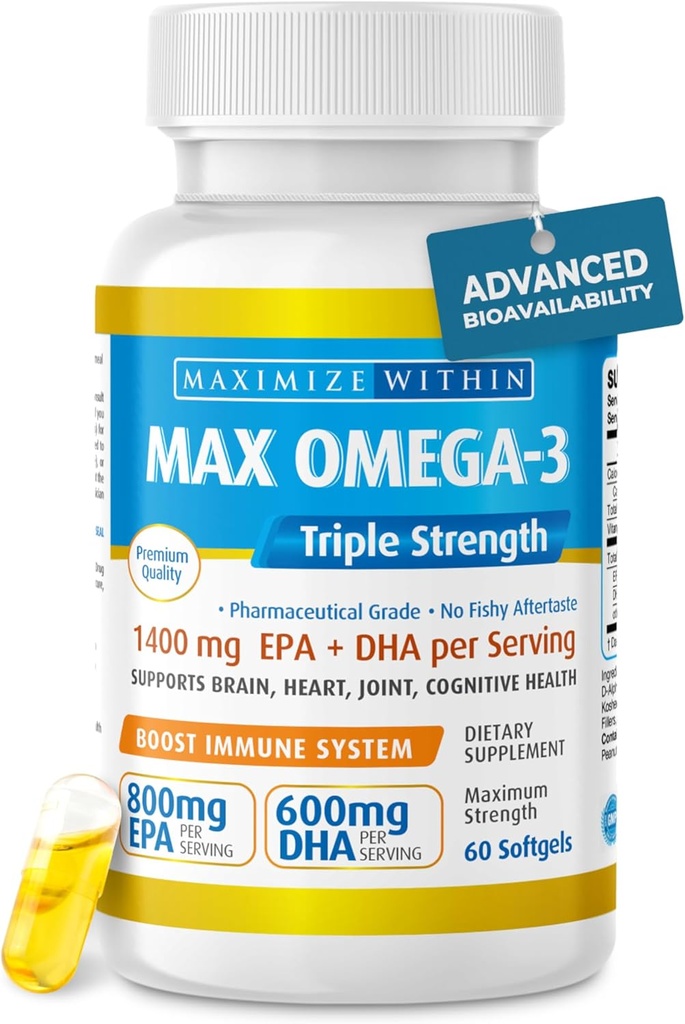 Máximo Slim Max Omega 3 Fish Oil Pills - Triple Strength Fish Oil Supplement (2000 mg Total Omega 3 Fatty Acids: 600mg DHA + 800 mg EPA por Serving)