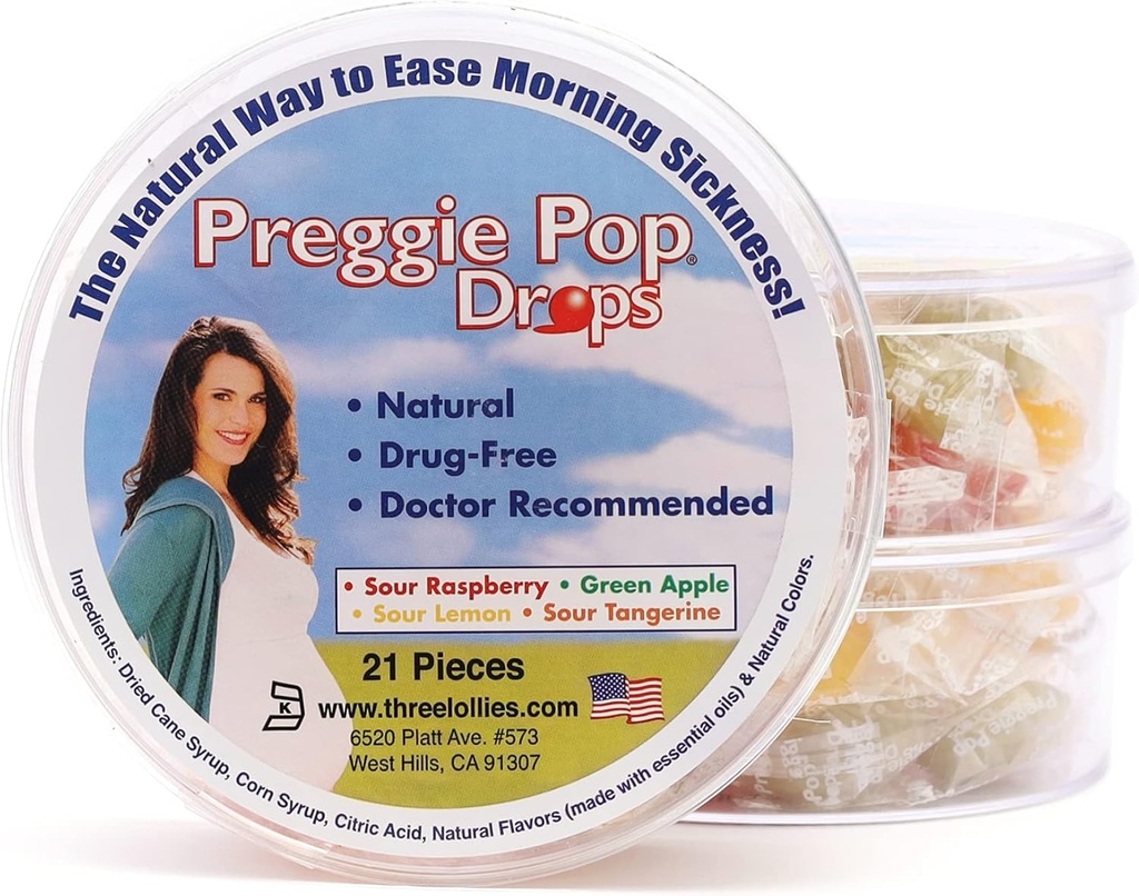 Preggie Pop Drops - helps Morning Sickness During Pregnancy (3 pack, 63 count) – With Essential Oils, Safe for Pregnant Mom & Baby, Gluten Free - Lemon, Raspberry, Green Apple, Tangerine