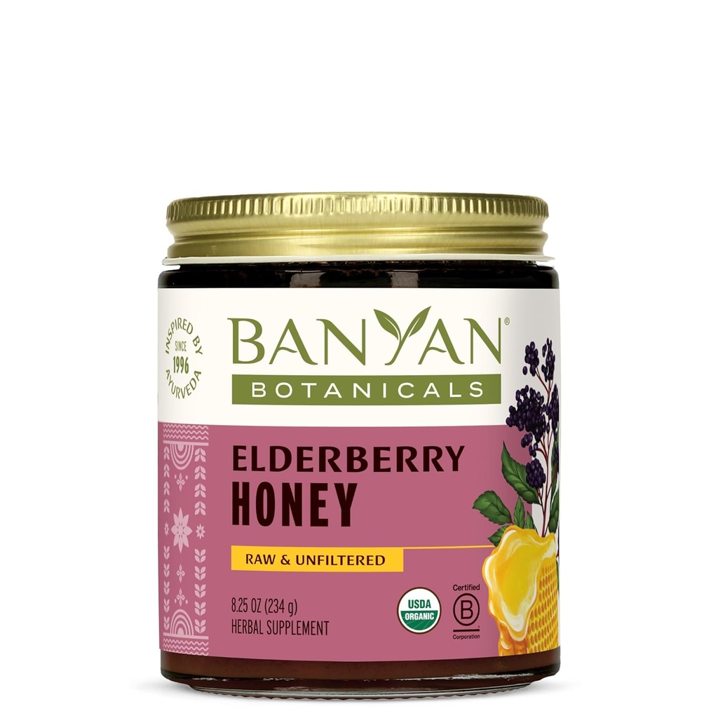 Banyan Botanicals Organic Elderberry Honey – Con Sambucus, Amla &amp; Marshmallow – Elderberry Immune Support for Kids &amp; Adults* – 8.25 Oz – Raw, Unfiltered, Pollinator-Friendly, Sosteniblemente Fuented, Fair Wild