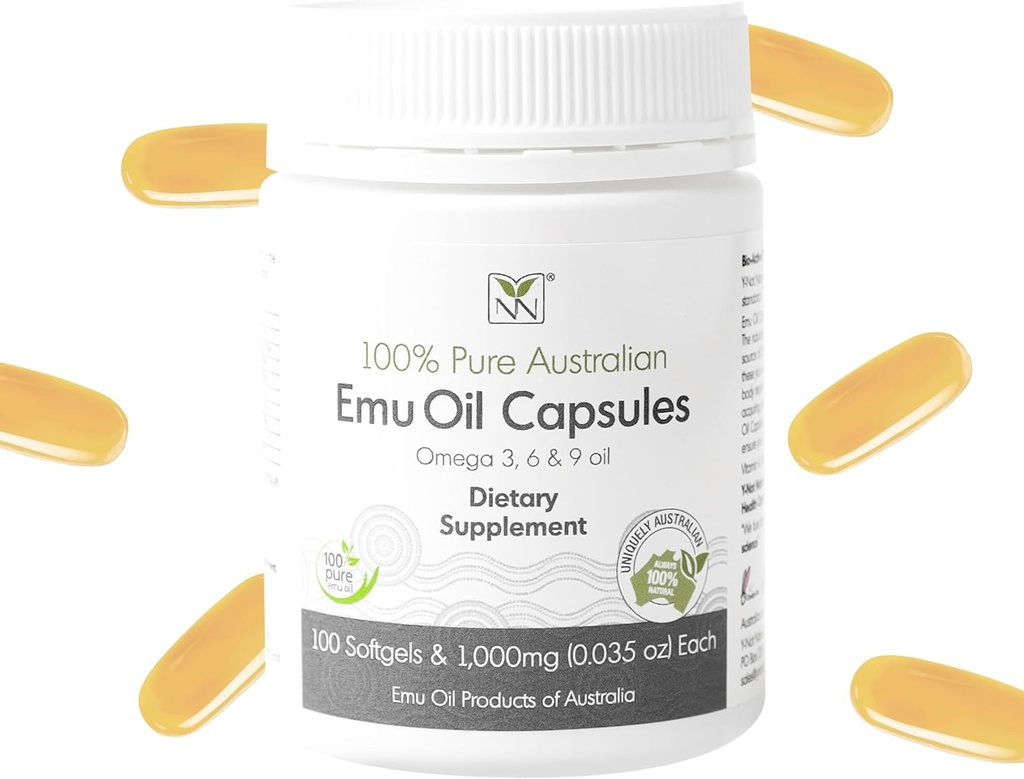 Cápsulas de aceite de emu - Corazón, Pelo, Metabolismo &amp; Soporte Conjunto - Aceite de Emu de Grado Farmacéutico con CLA, Omegas 3, 6 &amp; 9 con vitamina K2, A &amp; E por Y-Not Natural - 1000mg, 100 Cápsulas