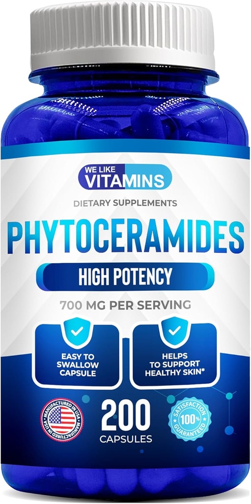 Nos gusta Vitaminas Fitoceramides 700mg - 200 cápsulas de trigo natural libre y con base vegetal - Suplemento de Fitoceramida - Suplemento de piel para mujeres - Ceramidas para hidratación de la piel, reparación, rejuvenecimiento