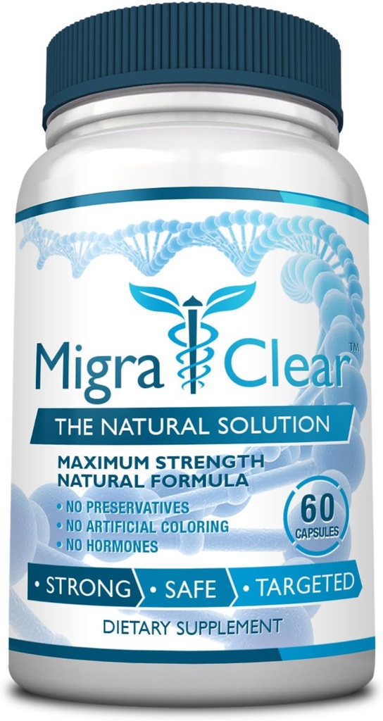 All Natural Migraine Support - Magnesium, Ginkgo Biloba, Ginger, White Willow, Feverfew - 60 cápsulas - 1 botella