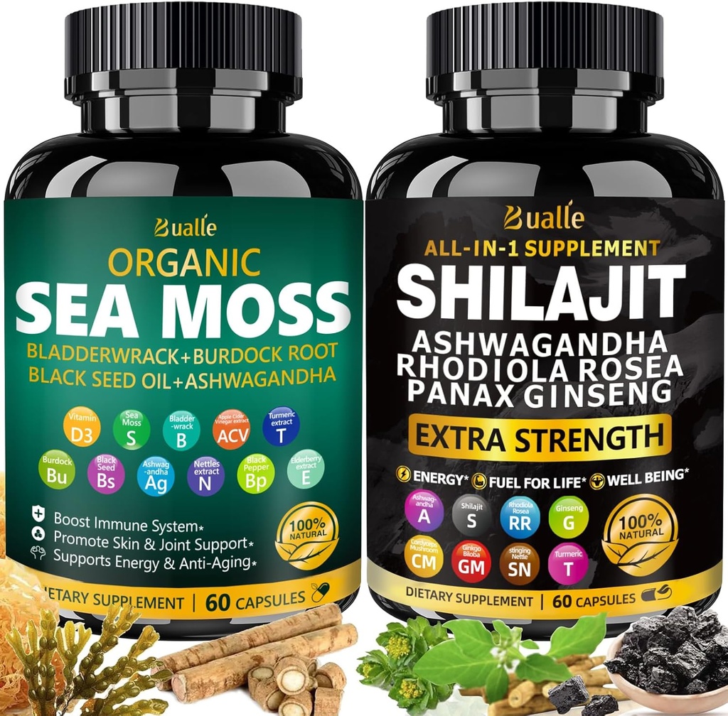 Bualle Sea Moss and Shilajit Bundle-Sea Moss 300mg,Black Seed Oil 100mg,Ashwagandha 50mg,Ginger & Shilajit 300mg,Rhodiola Rosea 100mg,Panax Ginseng 50mg,All in 1 Supplements-USA Made(2 Pack)