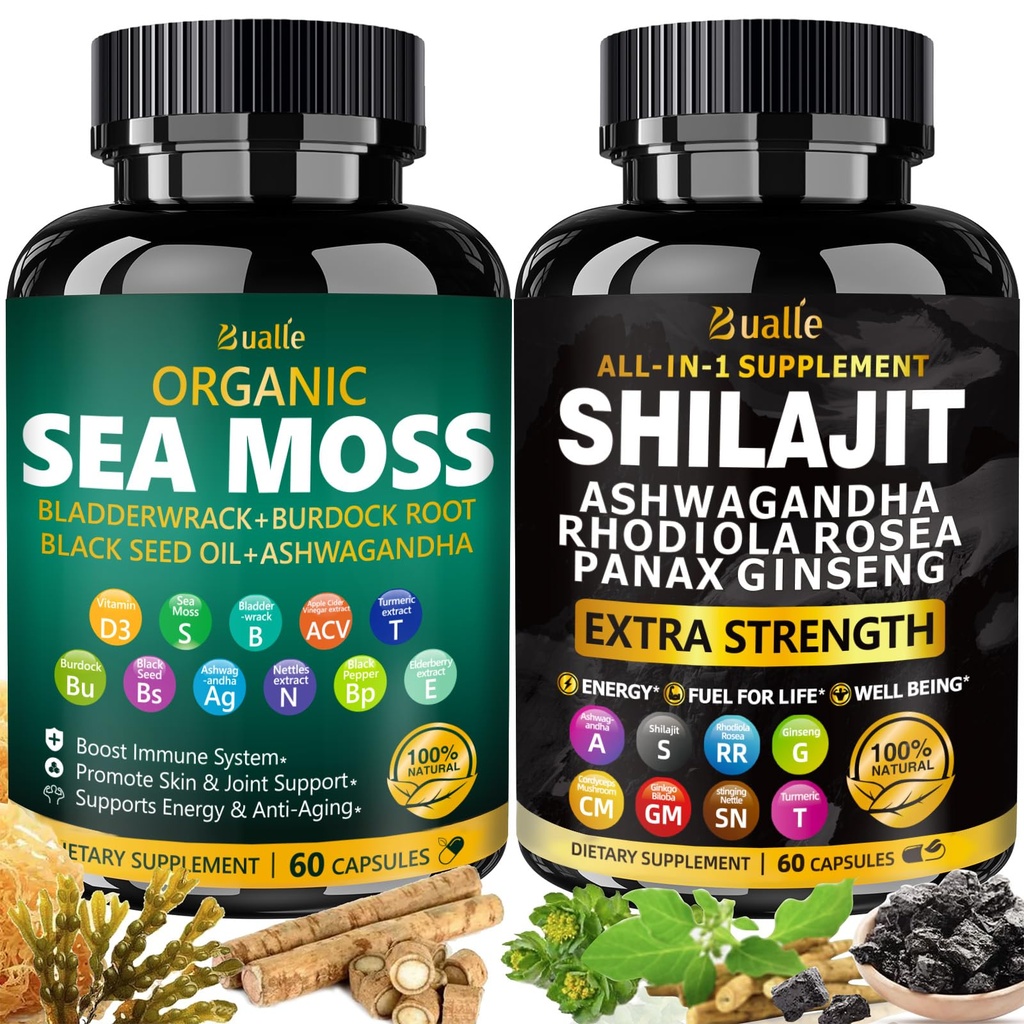 Bualle Sea Moss y Shilajit Bundle-Sea Moss 300mg,Black Seed Oil 100mg,Ashwagandha 50mg,Ginger & Shilajit 300mg,Rhodiola Rosea 100mg,Panax Ginseng 50mg,Todo en 1 Suplementos-USA Made(2 Pack)