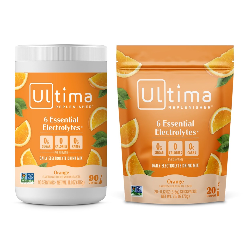 Ultima Replenisher Electrolyte Powder Drink Mix Bundle – Sugar Free – Orange, 90 Serving Canister y 20 Stickpacks – 6 Electrolytes and Minerals – Keto Friendly, Vegan, Non-GMO