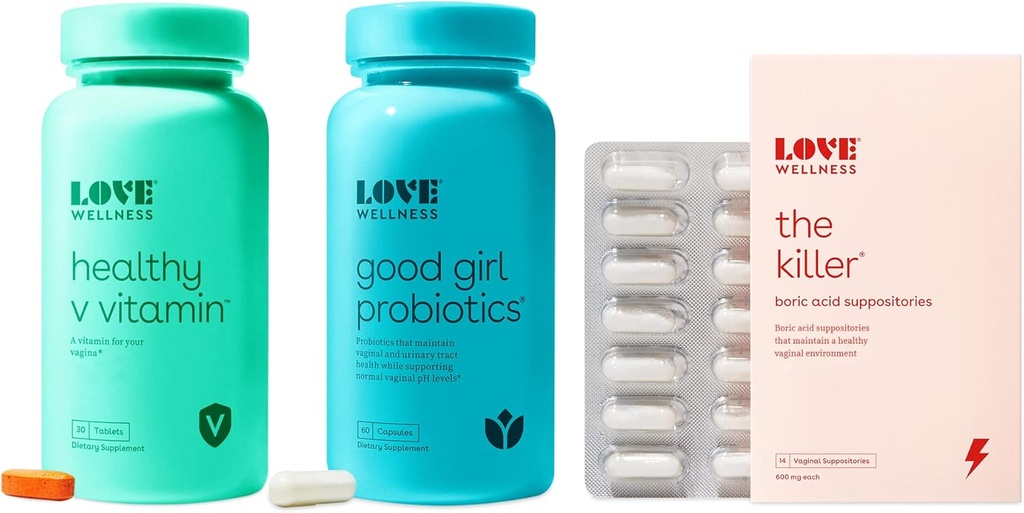 Love Wellness The Killer, Good Girl Probiotics &amp; Healthy V Vitamin TENIDO Triple Amenaza Vaginal Suppository Kit TENIDO Vitaminas y Suppositorios de acción rápida para la salud vaginal - Ayuda a apoyar el olor saludable > pH