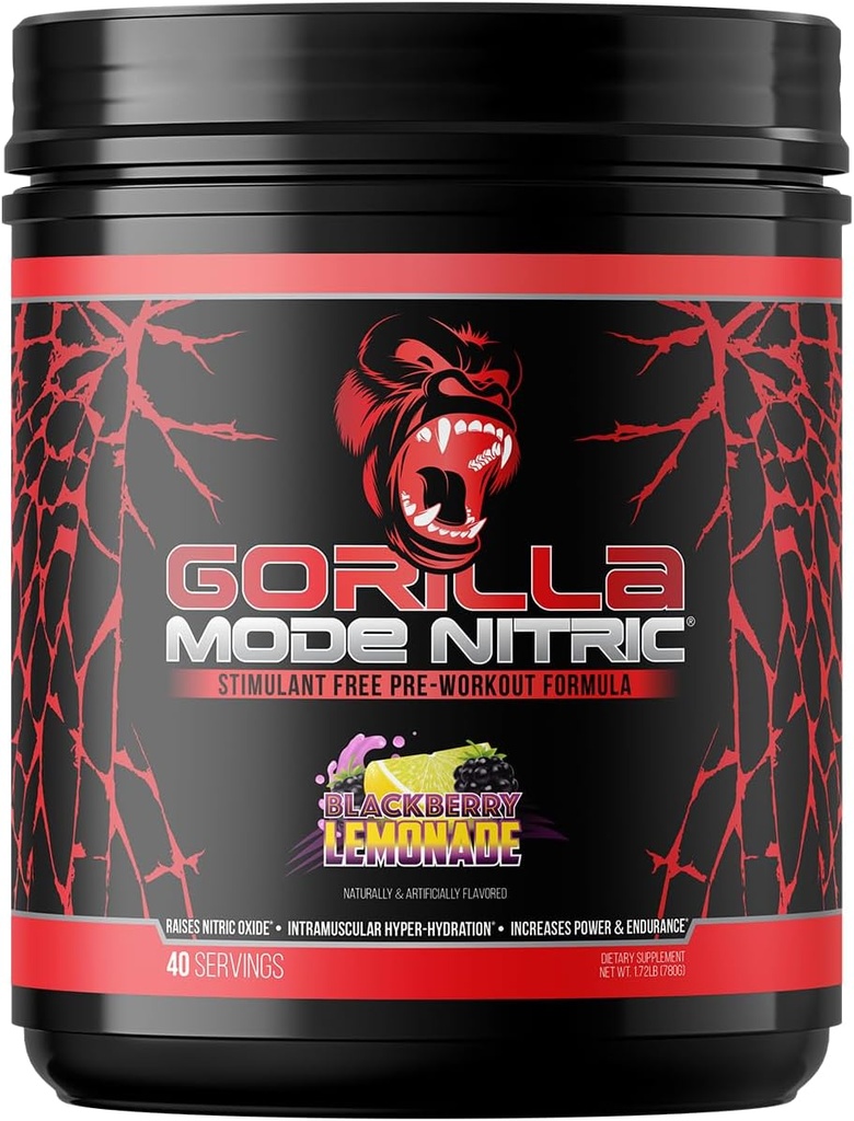 Gorilla Mind - Modo gorila Nitric Upgraded Stimulant Free Pre-Workout – Mejor Tasting &amp; Más Eficaz Estimulante Free Pre-Workout/Massive Pump · Vasodilation · Power / 780 Grams (BlackBerry Lemonade)