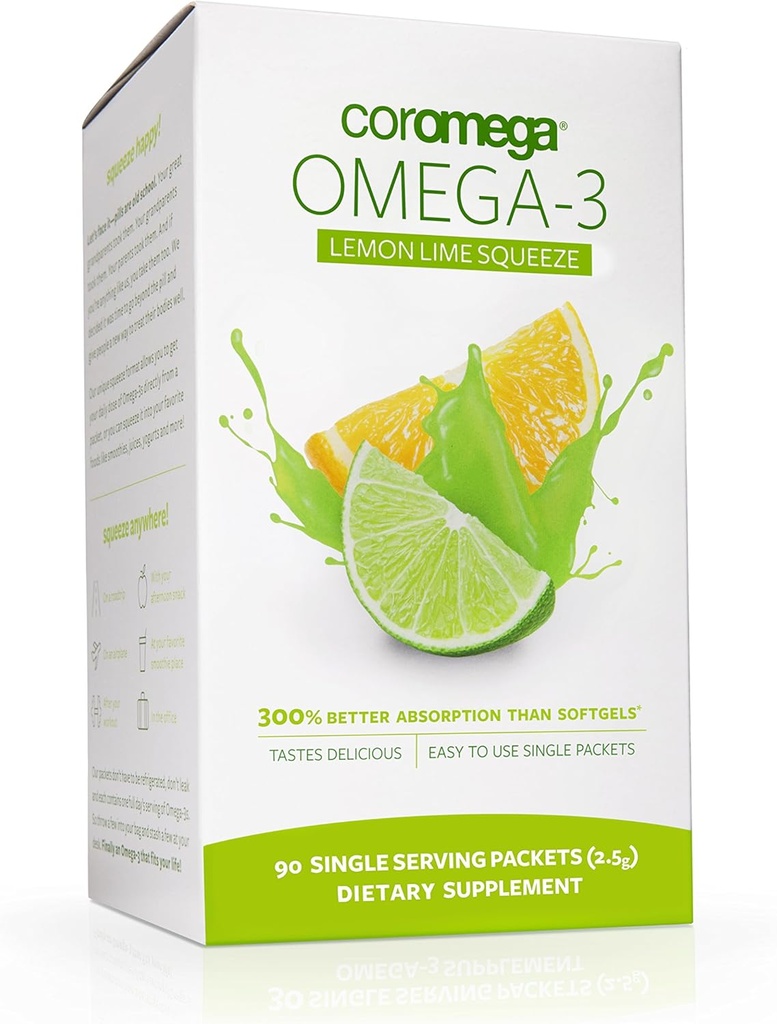 Coromega Omega 3 Fish Oil Suplemento, 650 mg de Omega-3 con 3X mejor absorción que Softgels, Lemon Lime Flavor, 90 Single Serve Squeeze Packets