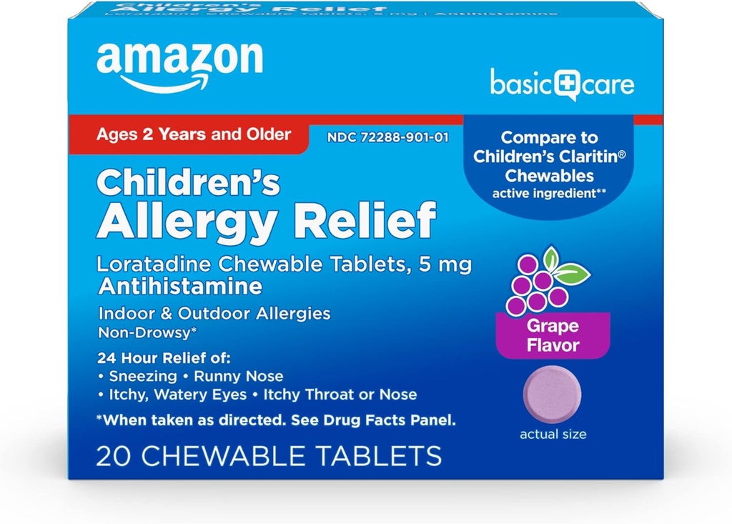 Cuidado básico Alivio de Alergia infantil, Tablas de Loratadine Chewable, 5 mg, Flavored de uva, Edades 2 y arriba, 20 Cuenta