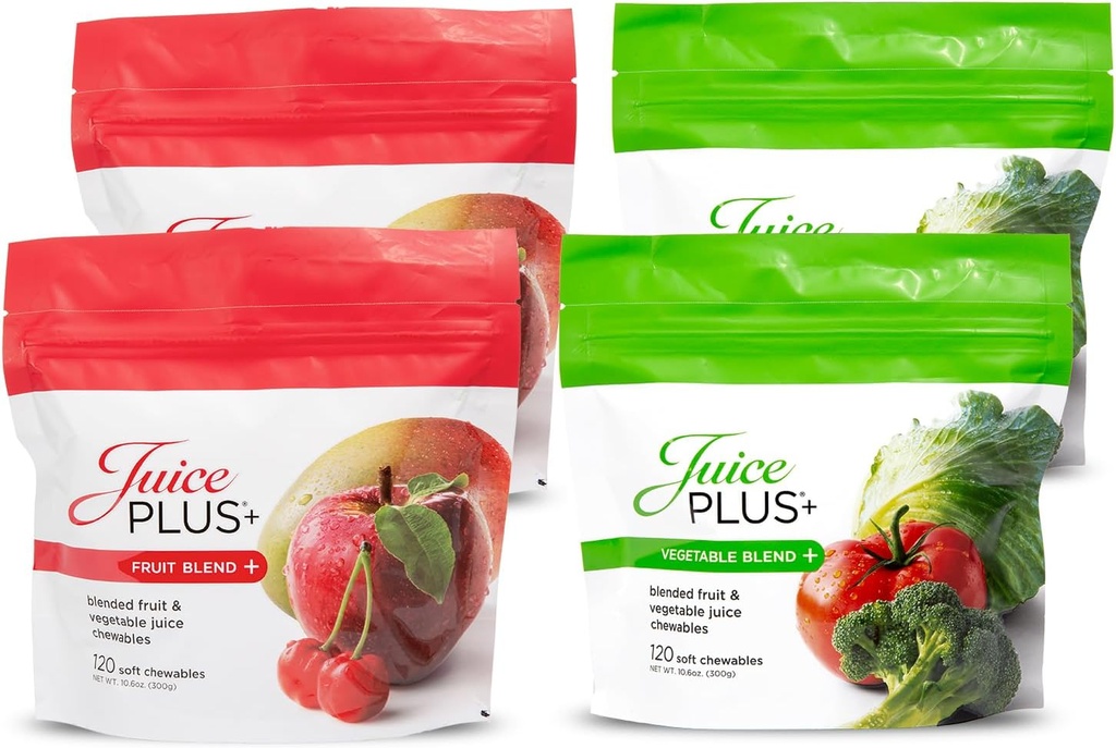 JuicePlus+ Frutas &amp; Hortalizas Lágrimas blandos - Fruta vegana sabrosa, Vitaminas Gummy vegetariana para adultos &amp; niños - 4 meses de suministro 4 paquetes (2 de cada sabor)