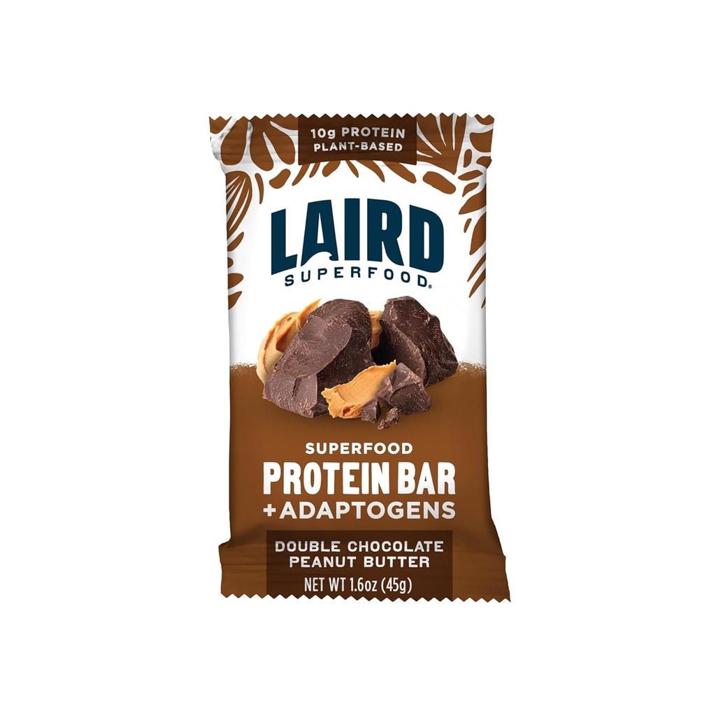 Barras de Proteína Funcional Superfood Laird, Bar Proteína Proteína pero Mejor con Ingredientes Reales, Mushrooms Funcionales 10g Proteína de base vegetal, fibra 6g, mantequilla de maní de chocolate doble, 10 Conde (Pack of 1)