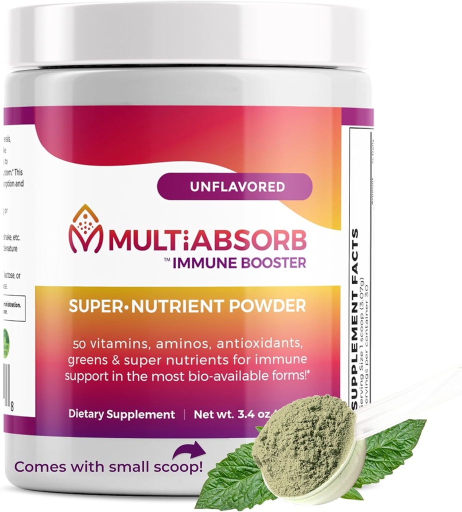 MultiAbsorb~Booster inmunológico, Polvo multinúcleo para la salud óptima &amp; soporte inmunológico, vitaminas, minerales, antioxidantes, salud ocular, sin explosivos, naturales, no transgénicos, 30 servicios (sin sabor)