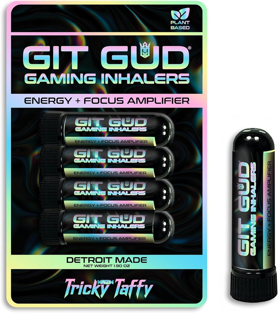 GIT GUD Energy Stick (4 Pack) Amplificador de enfoque competitivo, Aroma de la menta refrescante, Uso diario, Desechable portátil, Taffy Tricky (Taffy Mint)