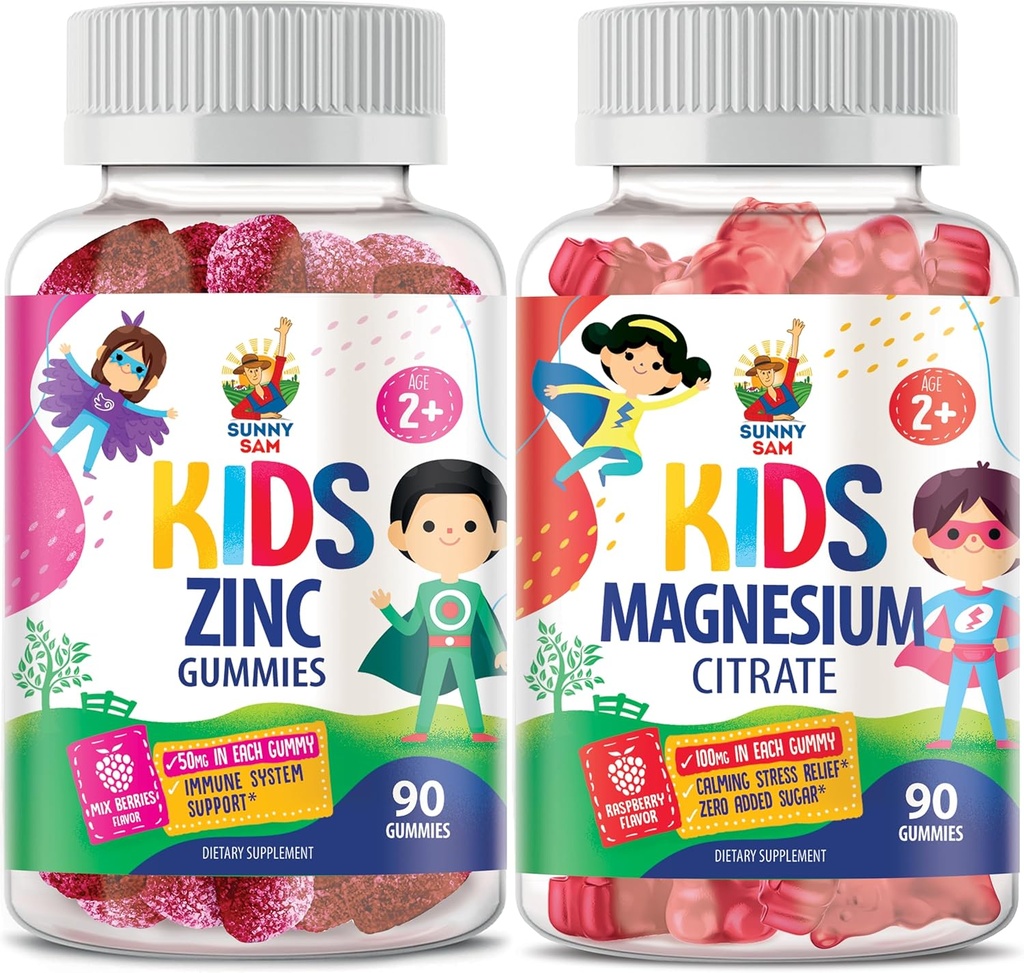 SUNNY SAM Magnesium Gummies for Kids & Zinc Gummies for Kids &amp; Adults - Zinc Chewable Gummy for Immune Support - Powerful Natural Antioxidant Non-GMO Supplement for Children Men Woman Adults.