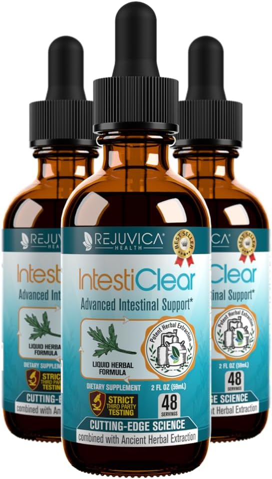 Rejuvica Health IntestiClear - Advanced Intestinal Cleanse Support for Humans - All-Herbal Liquid Formula for Fast Absorption - Bonus Liver Support - Wormwood, Black Walnut, Ginger y Más