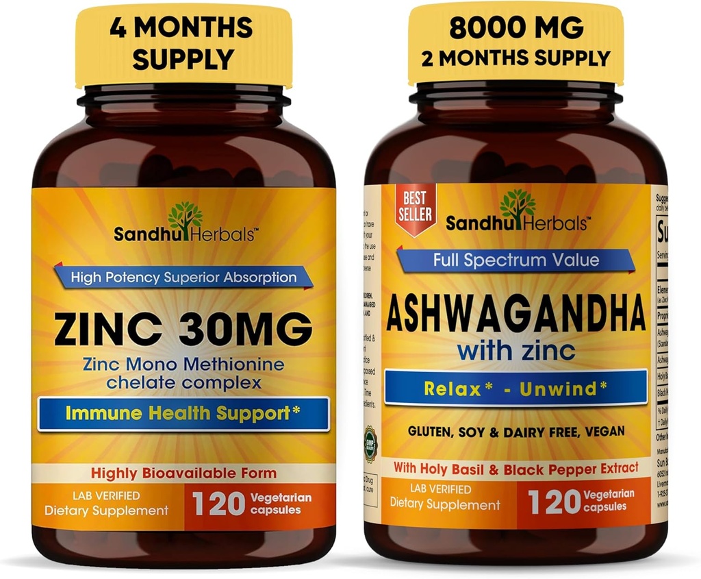 Sandhu Herbals Zinc 30mg Suplemento y Orgánica 4 en 1 Ashwagandha Capsules con Zinc vidas soporta la piel sana, el sistema inmune permanente no GMO