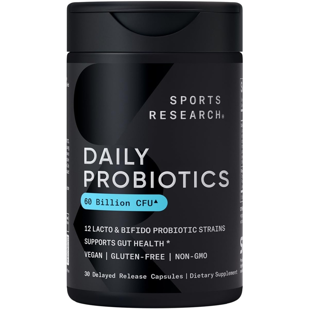 Estudios Deportivos Probióticos diarios con Prebióticos, 60 Billones CFU - Capsules veganos para Gut Health &amp; Digestive Support, Probióticos para Hombres Mujer - No GMO Verificado & Gluten Gratis - 30 Cuenta