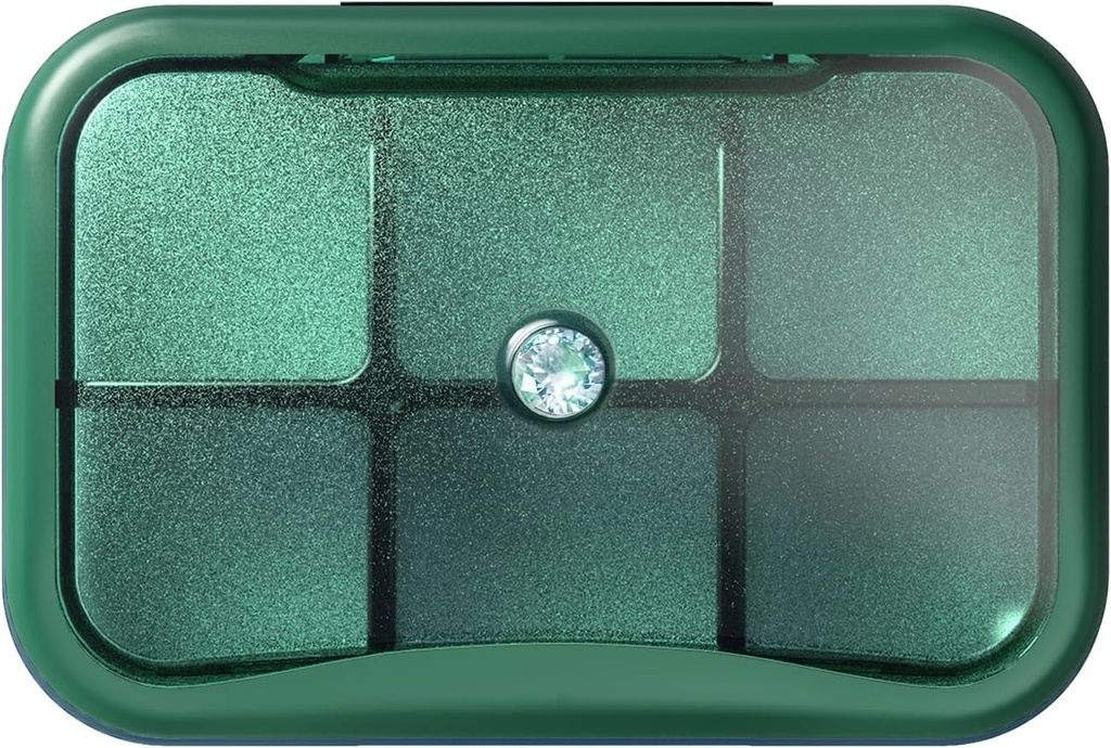 6 Organizador de píldoras de viaje, caja pequeña para el púrpura, caja de píldoras diarias de bolsillo Portable Medicine Pill Container, organizador semanal de vitamina Holder (Green with Rhinestone)