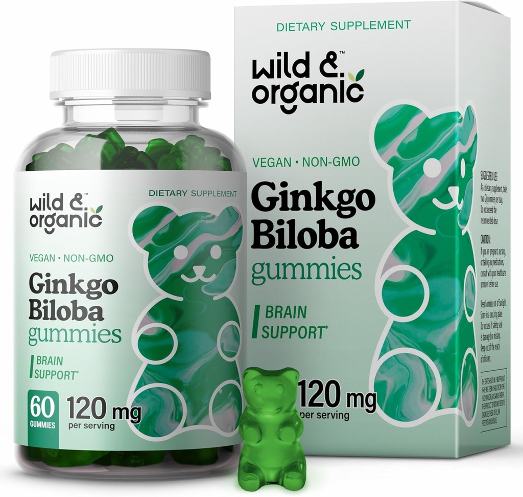 Wild & Organic Gingko Biloba 120mg Gummies - Brain Support and Focus Supplement w/Ginkgo Biloba Extract - Vegan, Non-GMO - 60 Pectin-Based Herbal Chewables
