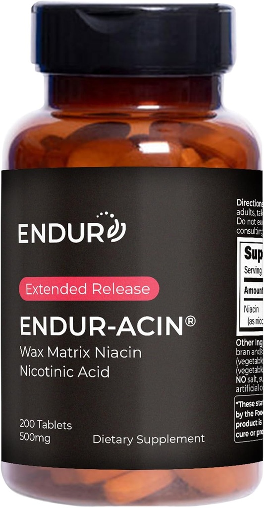ENDUR-ACIN Niacina, Salud del Corazón &amp; Colesterol Healthy Balance Suplemento, Extended Release for Optimal Absorption, Gluten Free, 500mg (200 Tablets)