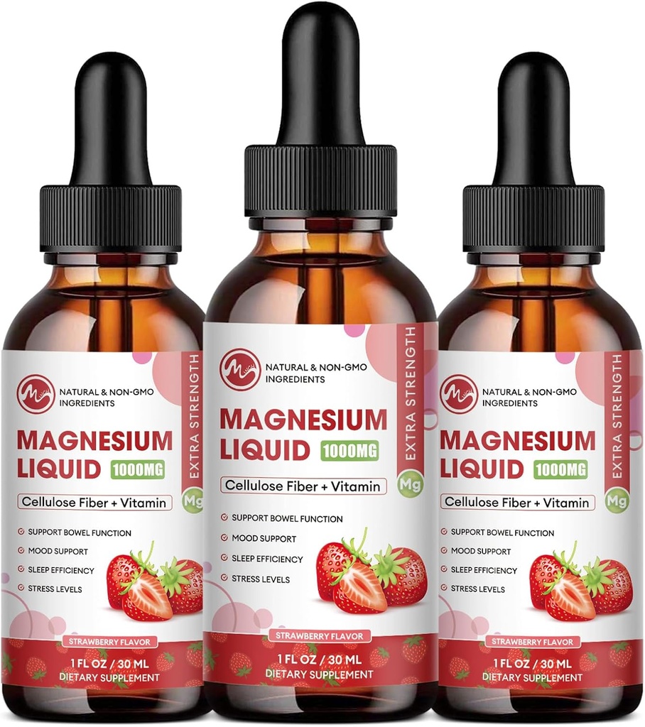 M pulgada (3 paquete) gotas de magnesio Glycinate - Suplemento líquido de magnesio 1000mg con fibra bromelaina vitamina B,C,D - 98% Absorción que píldoras Gummies