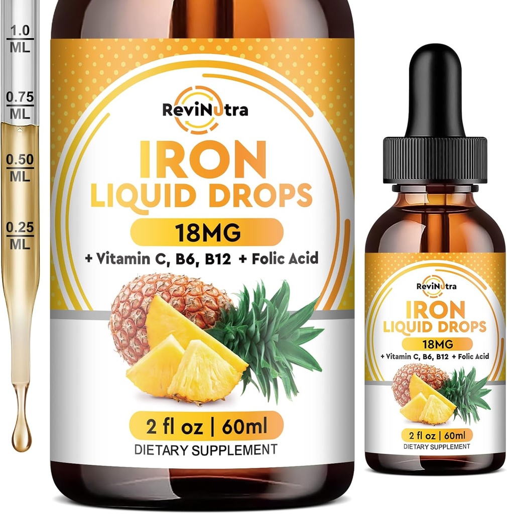Suplemento de hierro líquido para mujeres, hombres y niños, gotas de hierro líquido con folato, vitamina C, B6, B12 para anemia, célula de sangre roja, apoyo energético, sabor a piña, 2 Fl Oz