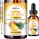Suplemento de hierro líquido para mujeres, hombres y niños, gotas de hierro líquido con folato, vitamina C, B6, B12 para anemia, célula de sangre roja, apoyo energético, sabor a piña, 2 Fl Oz