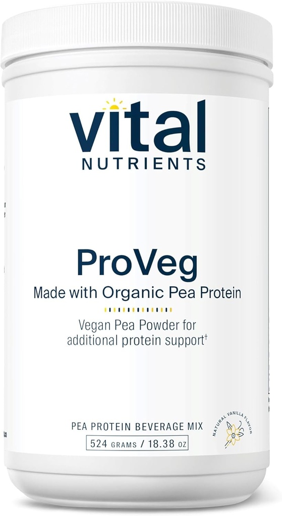Vital Nutrients ProVeg Organic Pea Protein 524g ← Vegan Pea Protein Powder  23g Protein per Serving  suya Natural Vanilla Flavor ← Gluten, Dairy, Soy Free ← Non-GMO Silencio 16 Servings