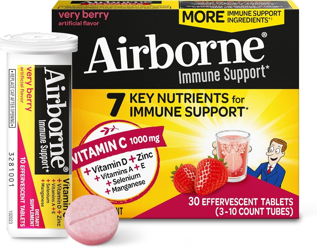 Airborne 1000mg Vitamina C con Vitamina D &amp; Zinc, Sugar Free Multivitamin Immune Support Suplemento, Antioxidantes Vitaminas A C & Vitamina E, 30 Tablas Effervescentes, Flavor muy Berry