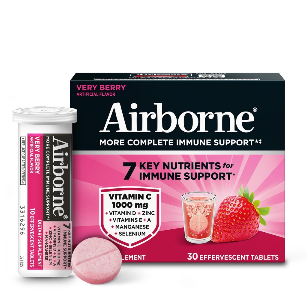 Airborne 1000mg Vitamina C con Vitamina D &amp; Zinc, Sugar Free Multivitamin Immune Support Suplemento, Antioxidantes Vitaminas A C & Vitamina E, 30 Tablas Effervescentes, Flavor muy Berry