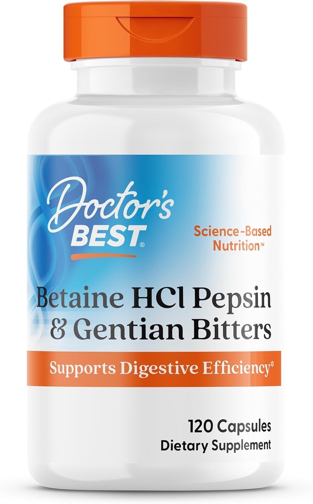 Doctor's Best Betaine HCI Pepsin & Gentian Bitters, Digestive Enzymes for Protein Breakdown & Absorption, Non-GMO, Gluten Free, 120 Caps, Original Version
