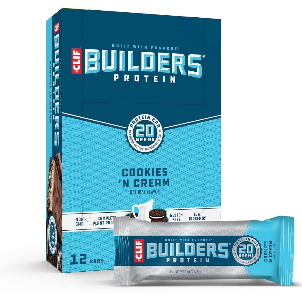 CLIF BUILDERS Protein Bares - Cookies 'n Cream Flavor - 20g Plant Based Protein - Gluten Free - Non-GMO - Low Glycemic - No Artificial Sweeteners - 2.4 oz. (12 Pack)