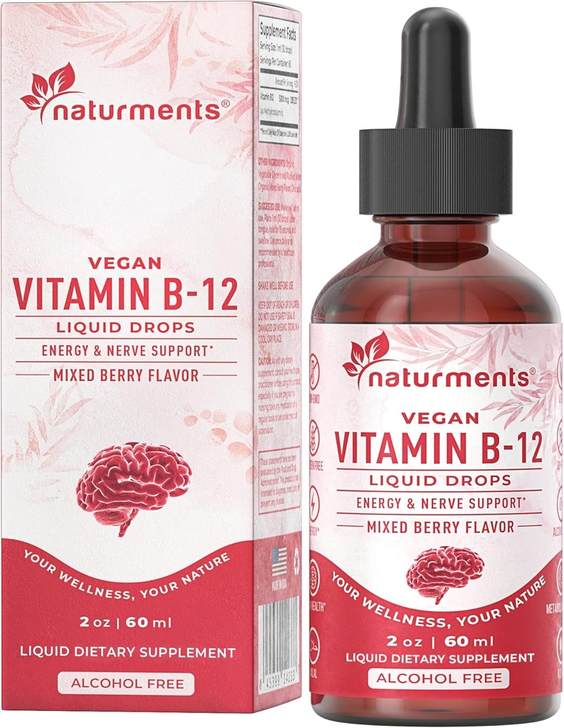 Naturmentos Vitamina B12 5000 mcg gotas líquidas orgánicas: Energía &amp; Nerve Soporte- Alcohol vegano libre, no GMO, azúcar libre 2 Fl Oz