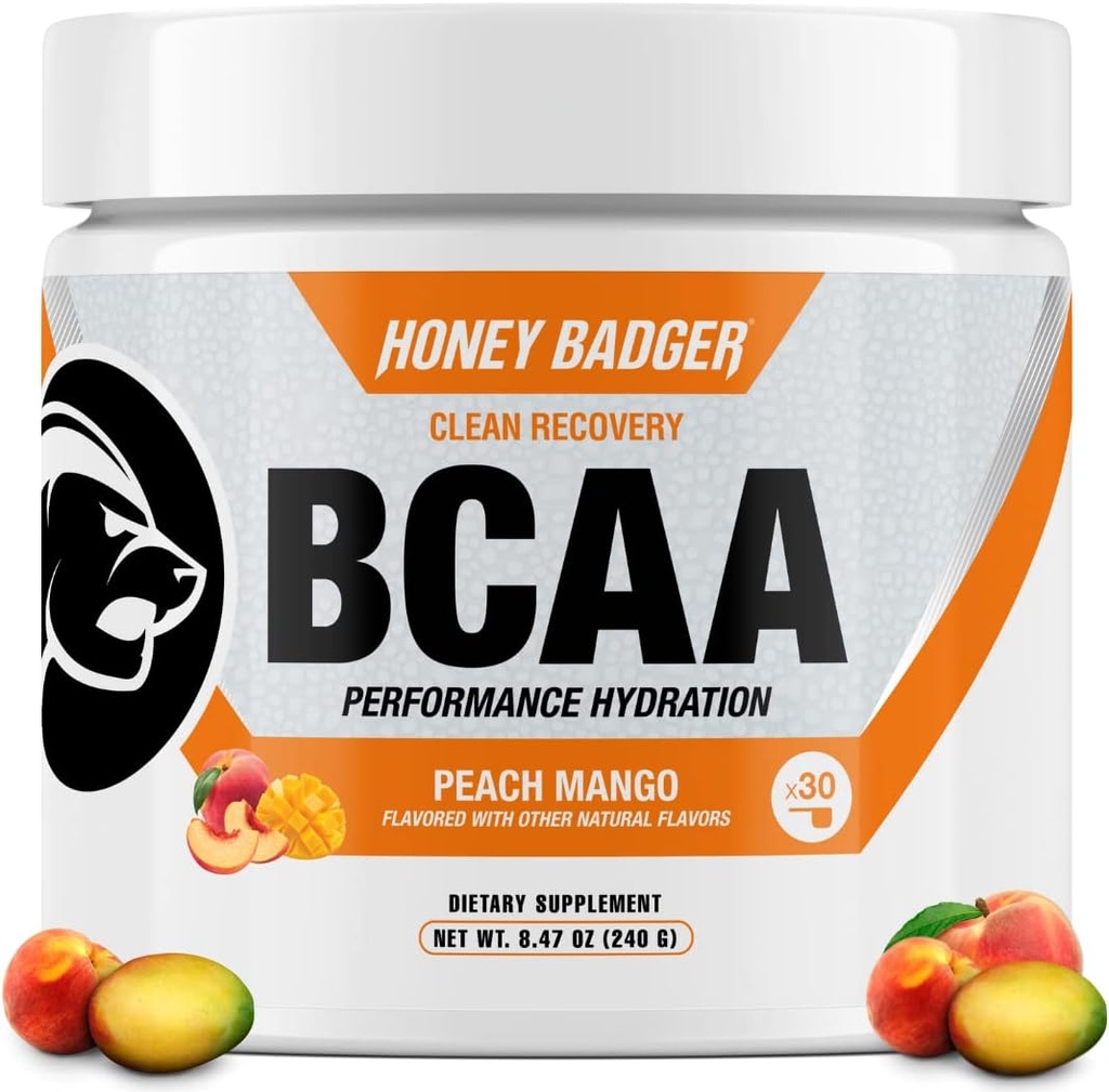 Honey Badger BCAA + EAA Amino Acids Powder, BCAAs + L-Glutamina, Keto, Vegan, Sugar Gratis para Hombres &amp; Mujeres, Hidratación &amp; Post Workout Muscle Recovery Mix, Peach Mango, 30 Servings