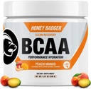 Honey Badger BCAA + EAA Amino Acids Powder, BCAAs + L-Glutamina, Keto, Vegan, Sugar Gratis para Hombres &amp; Mujeres, Hidratación &amp; Post Workout Muscle Recovery Mix, Peach Mango, 30 Servings