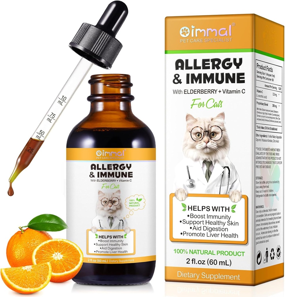 Caídas de alivio de la alergia para gatos, tratamiento de la alergia a gatos para alergias estacionales " sistema digestivo, saludable del hígado " , suplemento de hierba de gato con vitamina C, sabor de pollo - 60ml/2fl.oz