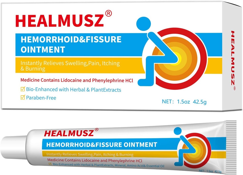 Hemorroides de alivio rápido HEALMUSZ Crema de hemorroides con 4% Crema de Lidocaína y 0.25% HCI de Fenilefrina para el alivio rápido de dolor, hinchazón, malestar y picazón (1,5 oz)