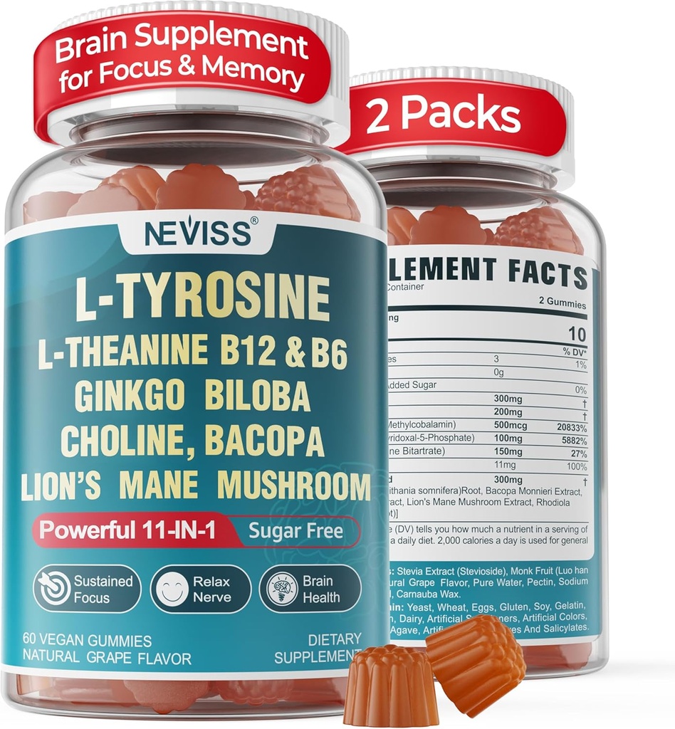 11-IN-1 Suplemento cerebral para la memoria y el foco con L-Tyrosine L-Theanine, Methylated B12 &amp; B6, Lion's Mane Mushroom, Ginkgo Biloba, Bacopa Monnieri, Choline for Focus, Nootropic, Energy, 2Packs
