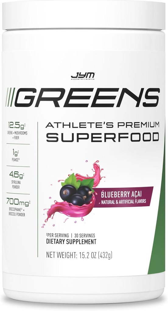 JYM Greens Super Food Powder for Performance, Blueberry Acai, Spirulina, Mushrooms, Vitamins, BroccoPhane & Broccoli, Men & Women, 30 Servings