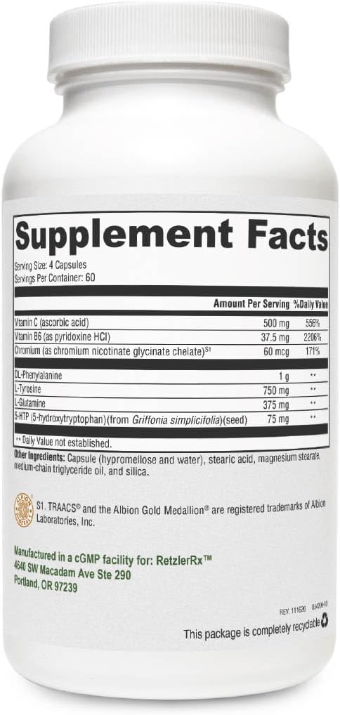 Control de araña por RetzlerRx - Soporte para ayudar a apurar y combatir arañazos - Cromo, DL-Phenylalanina, L-Glutamina, Vitamina B6 + 5-HTP para Mood &amp; Appetite Support (240 cápsulas)