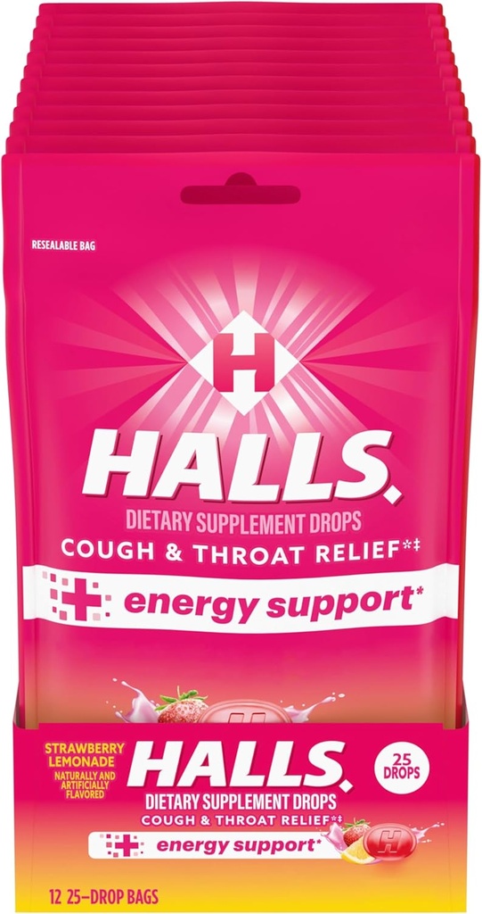 HALLS Relief + Energy Support, Strawberry Lemonade Cough Drops, 12 Bags of 25 Drops (300 Total Drops)