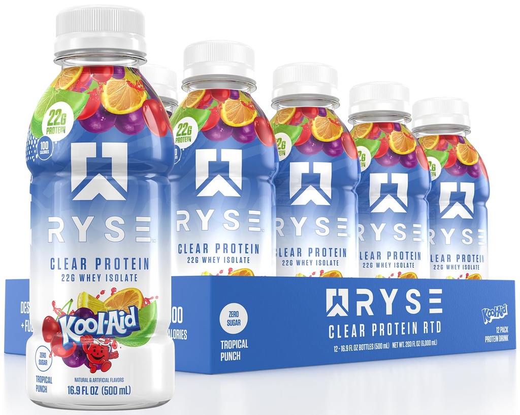 RYSE Clear Protein Drink - Kool-Aid Tropical Punch - 100 Calories, 22g Whey Isolate Protein Shake, Sugar-Free, 0g Fat & Lactose-Free - Refreshing List-to-Drink Beverage - 16.9 fl oz Bottles (12-Pack)