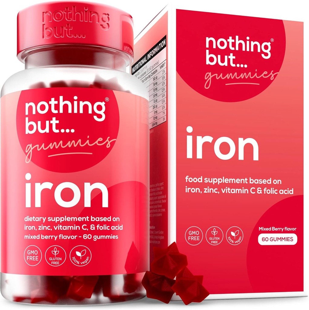 Mujeres &amp; Hombres Natural Iron Suplemento TENIDO a Delicious Mixed Berry Flavor TENIDO Chewable Vegan Iron Suplementos w/Vitamin C, Zinc, Folic Acid &amp; B Vitaminas TEN 60 Iron Gummies TENER Anemia