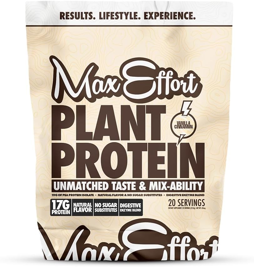 MAX EFFORT Plant Protein Powder, 17 G Pea Protein, Plant Based, Gluten Free, Low Carb, Protein Shake o Smoothie Mix, Meal Replacement, No Whey, No Sugar Substitutes, Vanilla Cinnamon, 20 Srvg