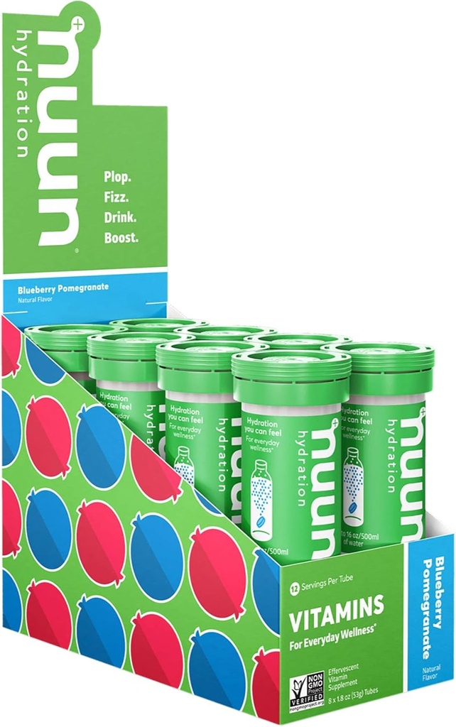 Nuun Vitaminas Electrolito Tabletas con Vitamina D, C, E, A, " B6, ácido fólico, Magnesio " Otros electrolitos esenciales, Gluten Free " Vegan, Blueberry Pomegranate, 8 Pack (96 Servings Total)