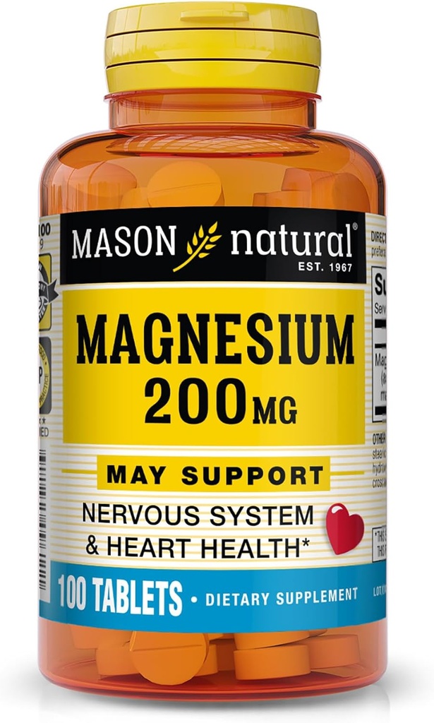 Masón Magnesio Natural 200 mg, Muscle y Nerve Función Soporte, 100 Tabletas